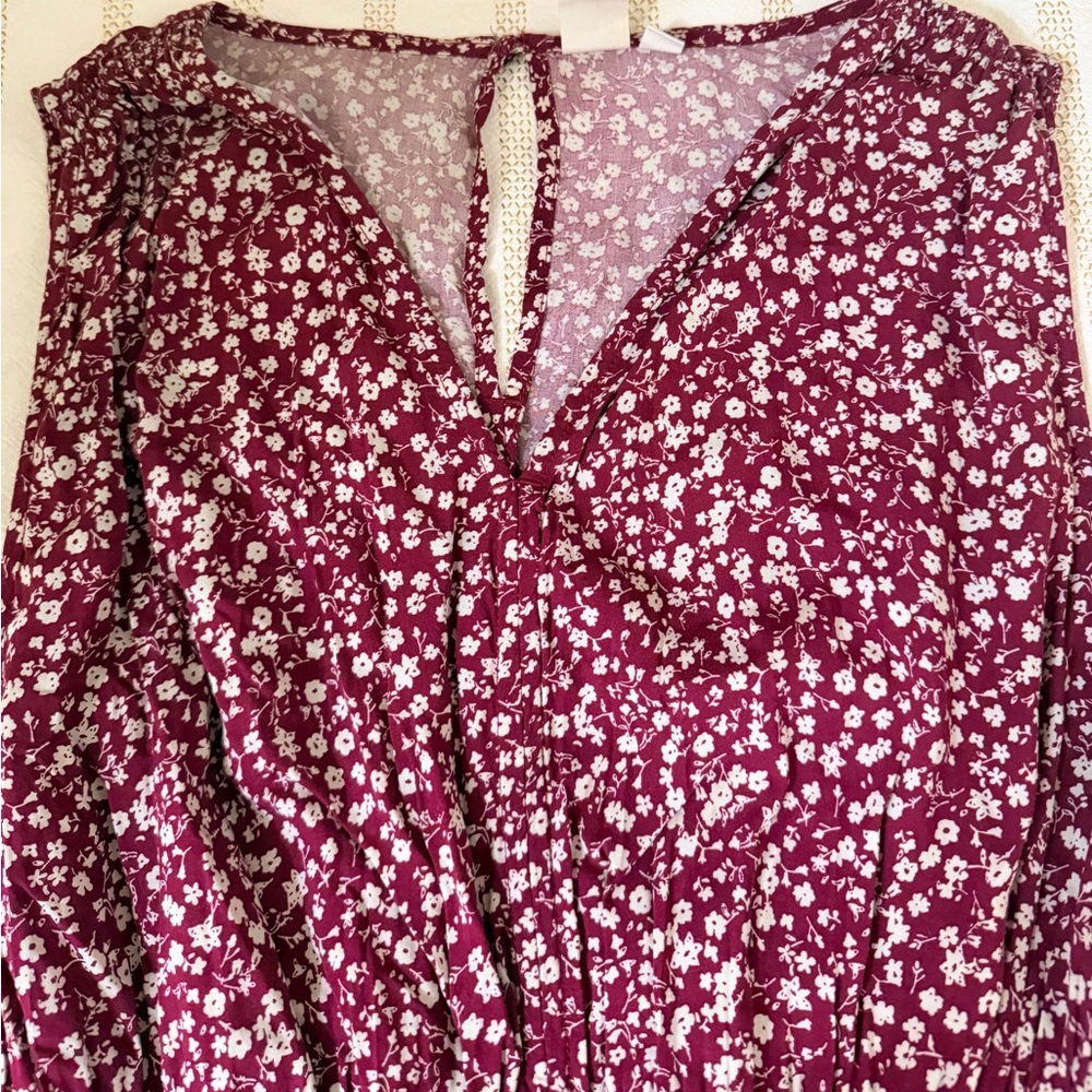 GAP Burgundy Floral Wide Leg Jumpsuit XL | Boho Rayon V-Neck Smocked Waist - Picture 4 of 9